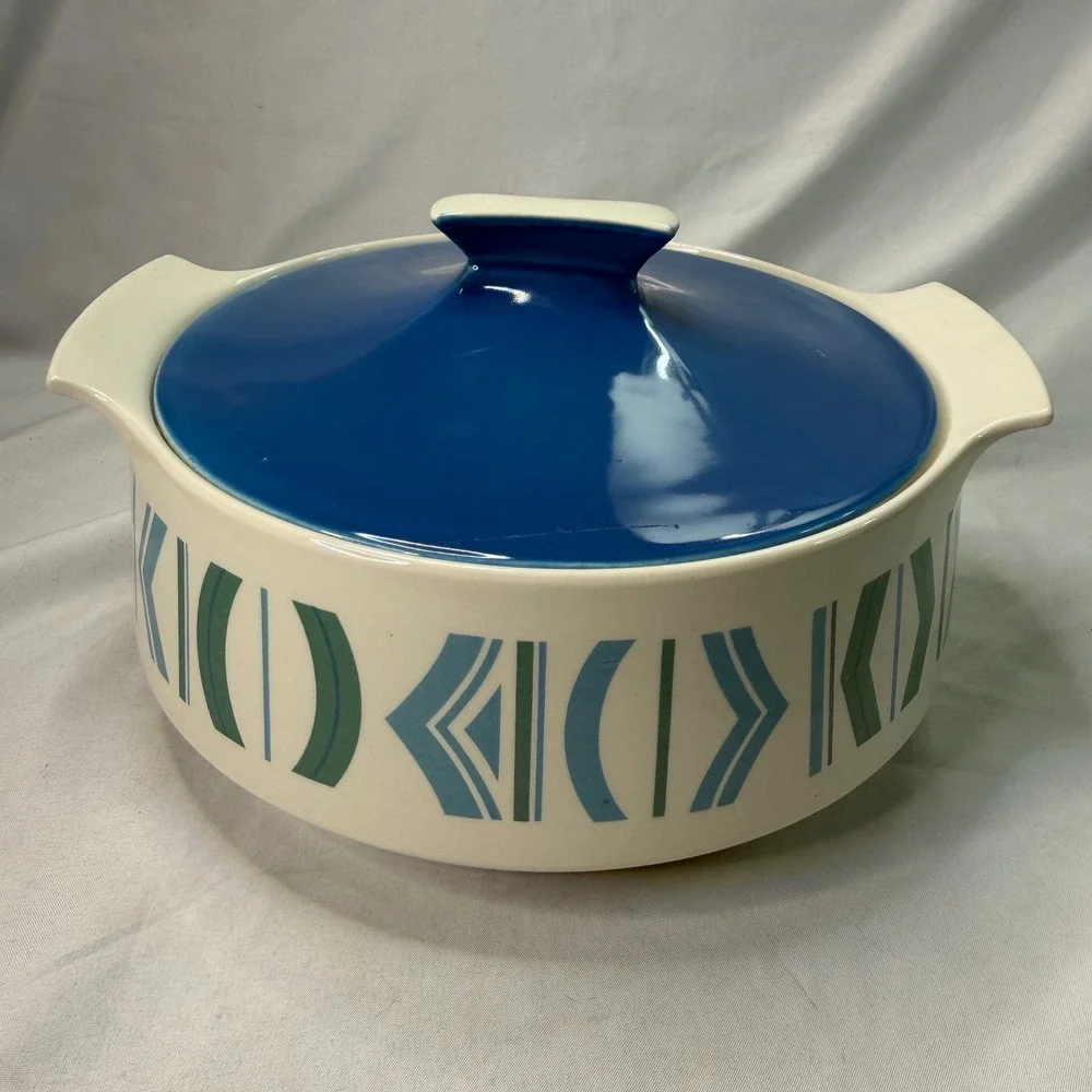 Vintage Caldor Ovenware Mazurka Casserole Dish Lid Blue Green Geometric England